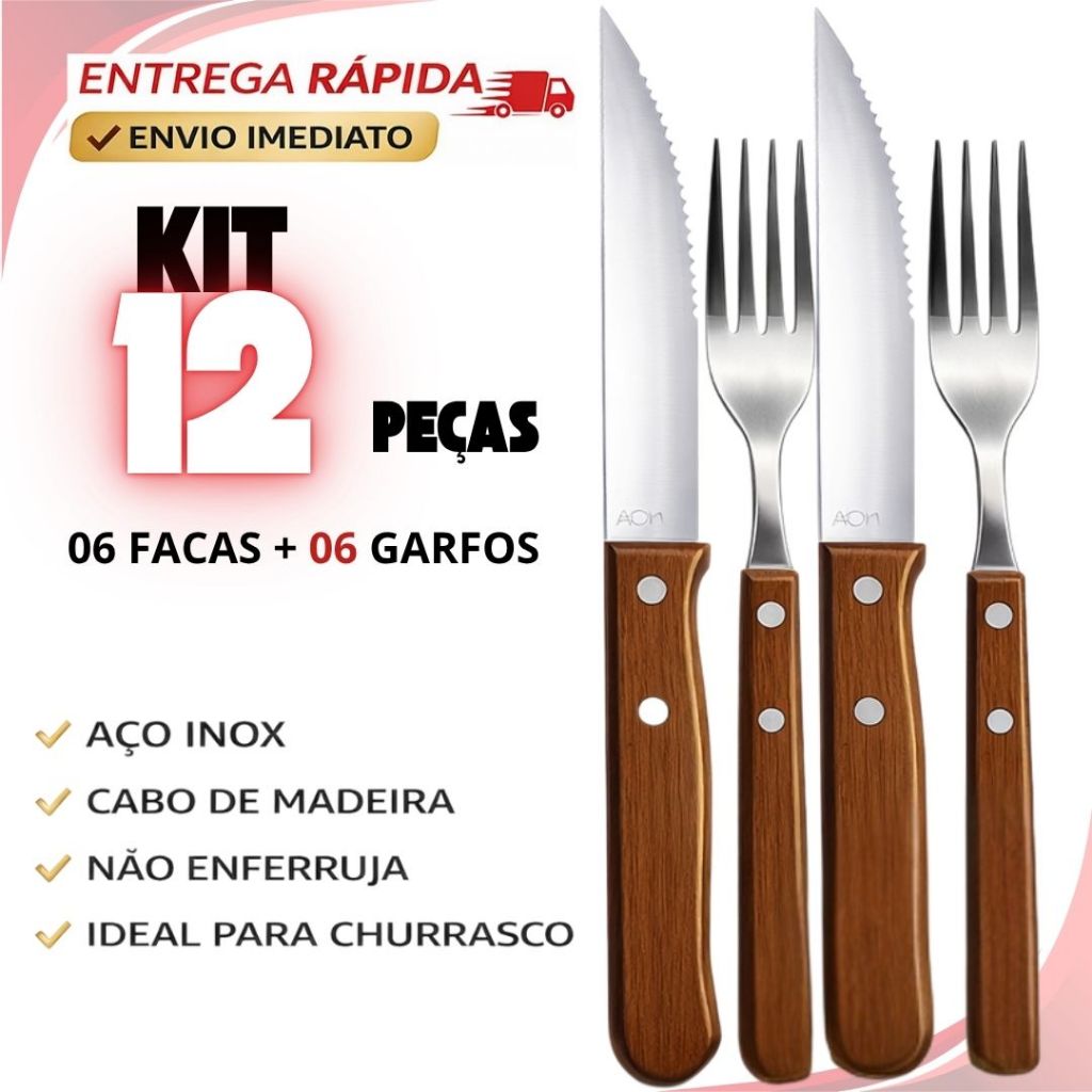 Conjunto 24 ou 12 Peças Talheres Para Churrasco Jumbo Wooden Faca