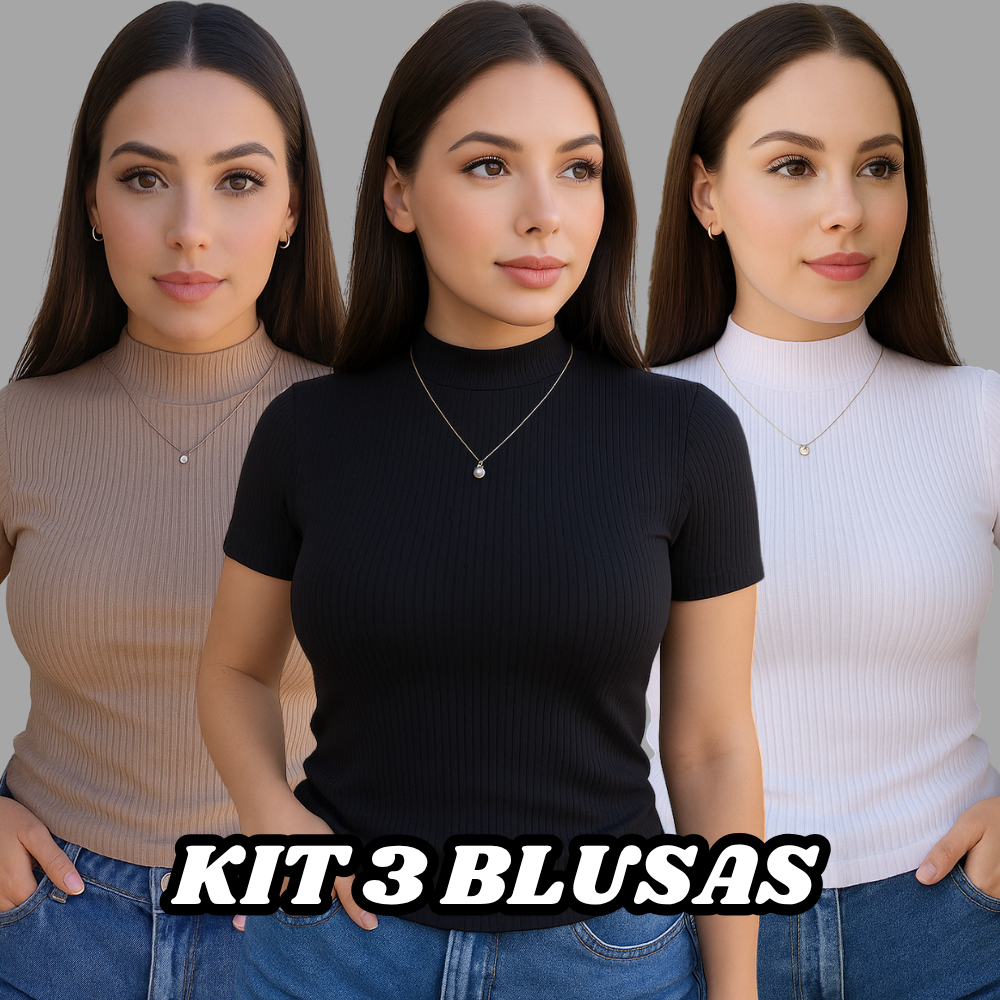 Kit 3 Blusa Canelada Feminina Gola Alta Manga Curta