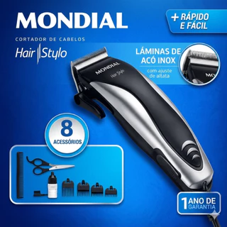 Máquina de Cortar Cabelo Mondial 110V ou 220V - Acessórios Hair Stylo Maquininha CR02, Preto e Prata