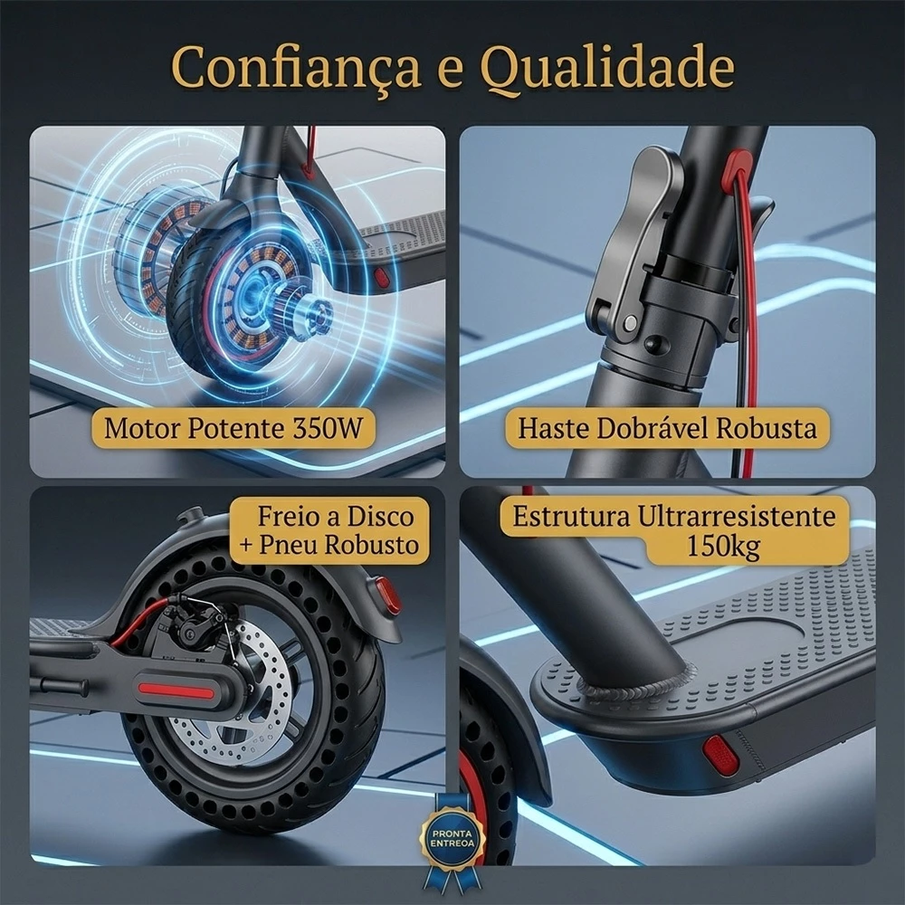 Quatro fotos em grade mostrando o motor 350W, haste dobrável, freio a disco robusto e estrutura ultraresistente do patinete elétrico Auxom Pro.
