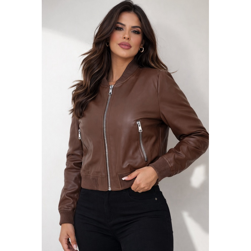 Jaqueta Feminina Couro Ecológico Bomber com Zíper e Bolso – Moderna e ...