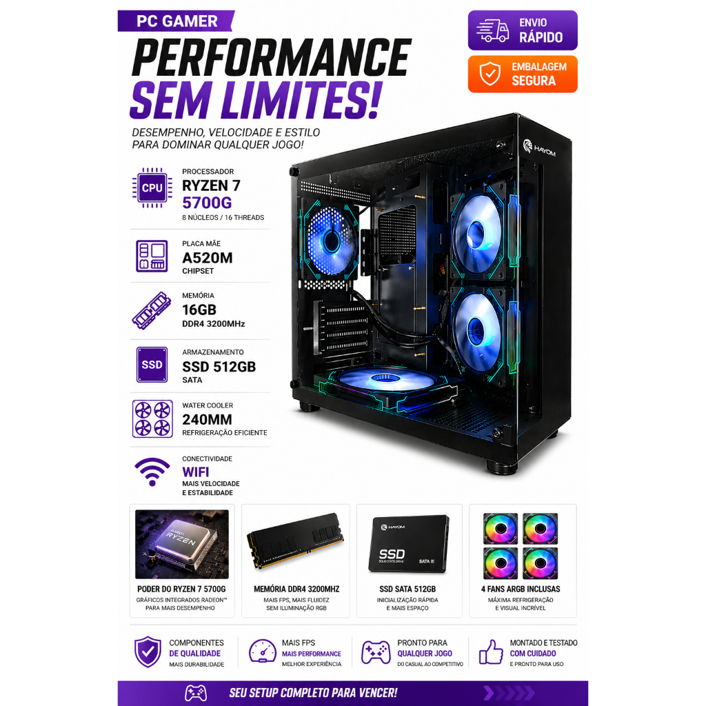 Pc Gamer Preto Ryzen 7 5700g A520M Ssd 512gb 16gb 3200mhz Water