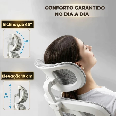 Close-up do encosto de cabeça da cadeira LARUNO com infográficos de inclinação e elevação