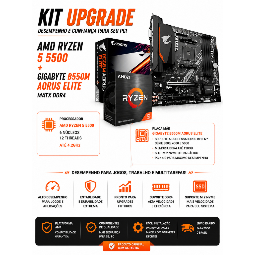 Kit Amd Ryzen 5 5500 + Placa Mãe Gigabyte B550m Aorus Elite Matx Ddr4 ...
