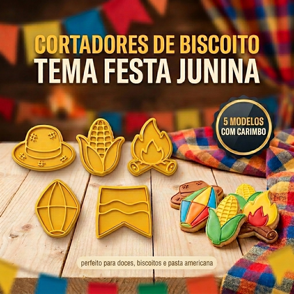 Kit 5 Cortadores Festa Junina | Com Carimbo para Biscoitos e