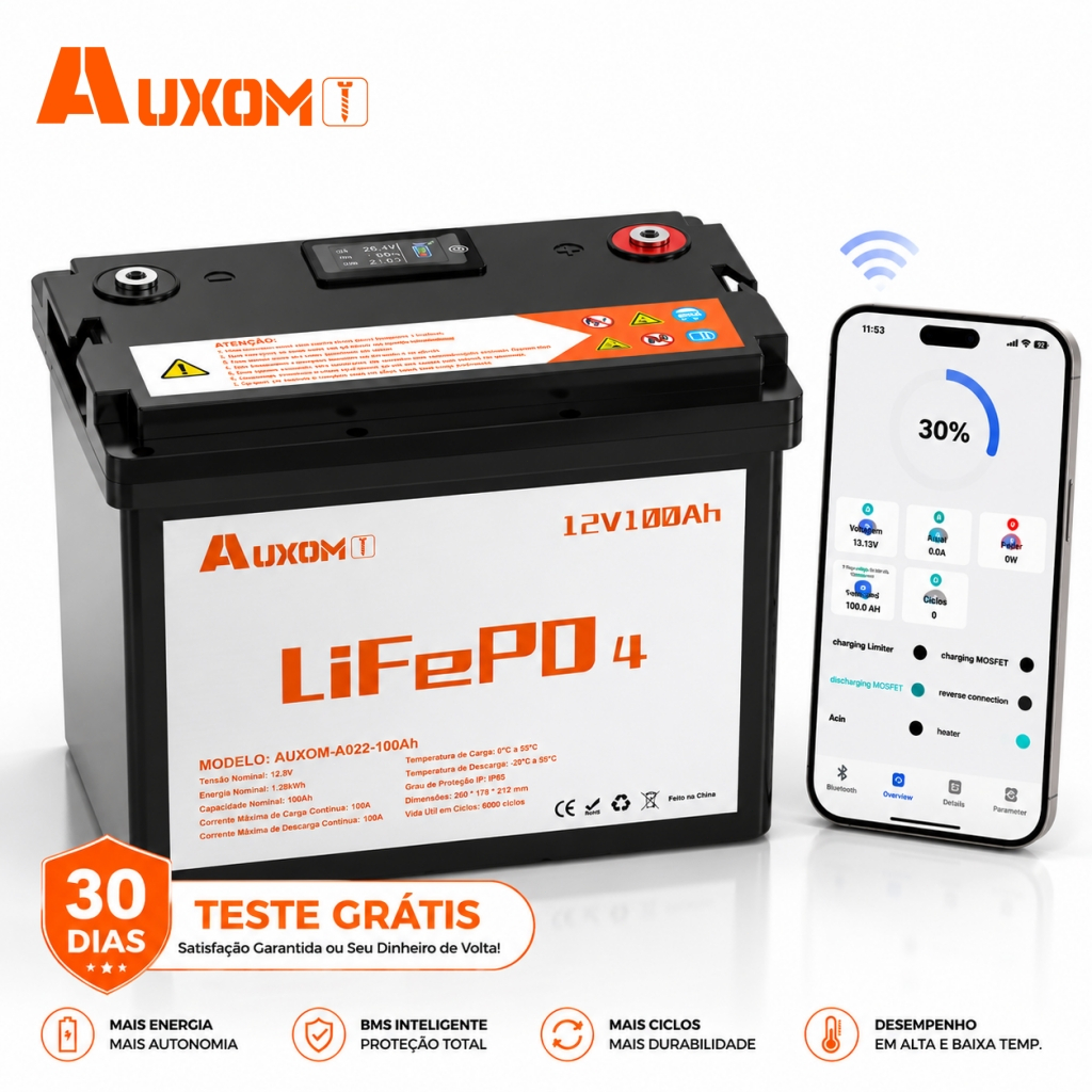 AUXOM Bateria LiFePO4 12V 100Ah 1280Wh | Controle APP Bluetooth