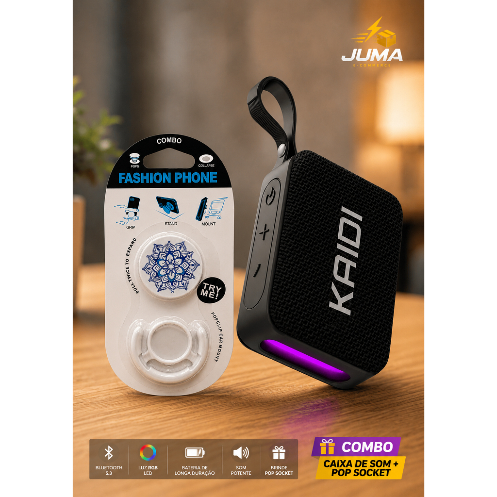 Caixa de Som Bluetooth Kaidi RGB Som Potente + Pop Socket Grátis ...