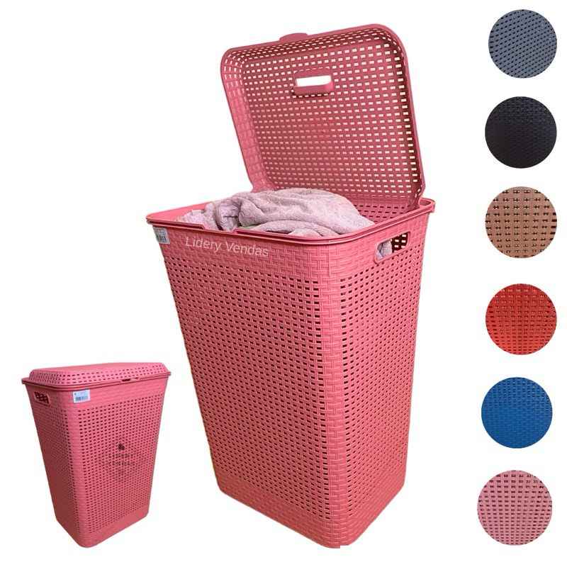 Cesto de Roupa Suja Infantil Bebê com Tampa Rattan 72 Litros Rosa Azul ...