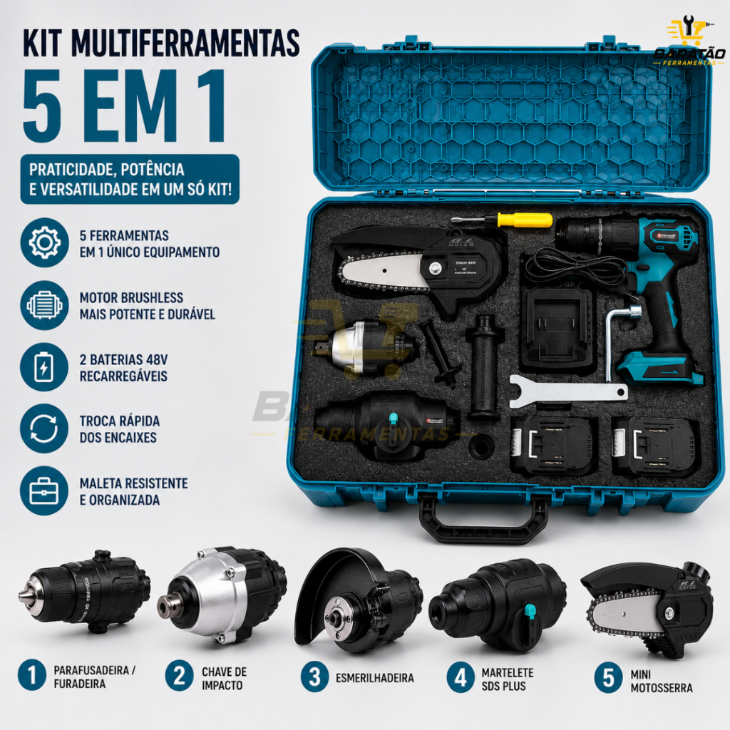 Kit 5 Em 1 Furadeira Martelete Esmerilhadeira Serra 48V Brushless