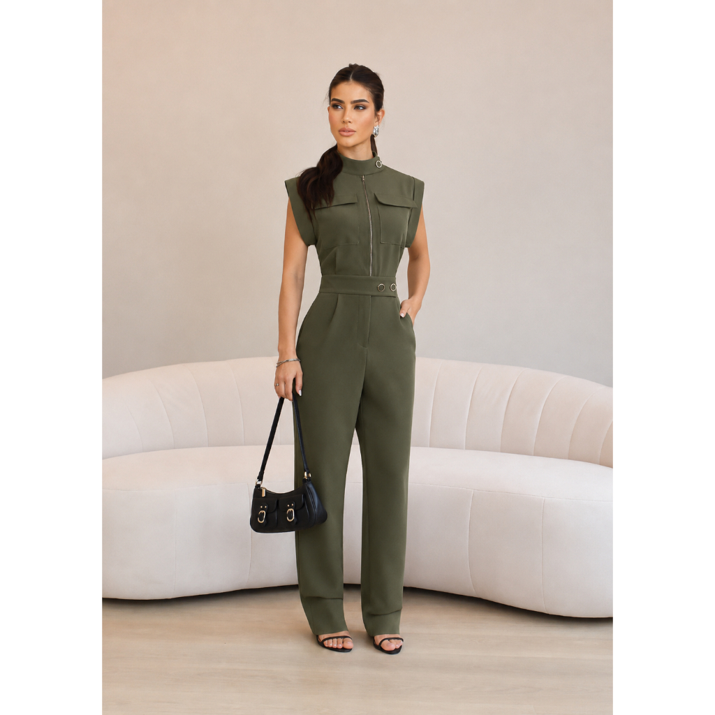 Macacão Feminino Alfaiataria Zíper Bolso Frontal Botão Forrado