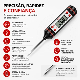 Termômetro Culinário Digital TP101 Espeto para Churrasco, Alimentos, Cozinha, Cupim, Chocolate