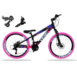 Bicicleta VikingX Tuff 25 Câmbios Shimano Aro 26 com Freios a Disco 21v Preto Rosa Flame