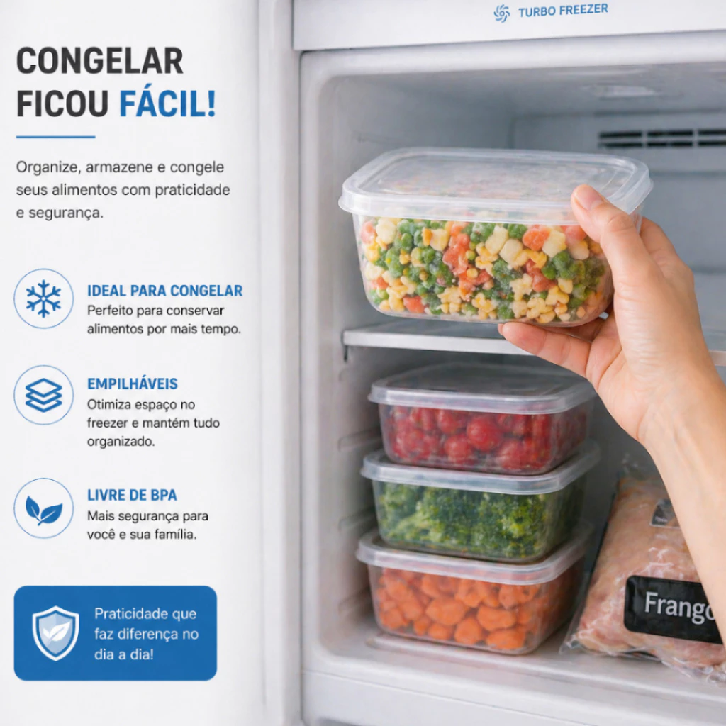 Kit Marmitas Potes Retangulares 300ml Transparente Bpa Free Freezer Microondas Organizador De Alimentos - Imagem 3