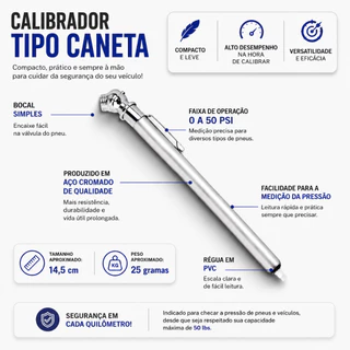 Medidor Calibrador de Pressão 50 Ibs Pneu Moto Carro Bike Tipo Caneta Ar Calibragem