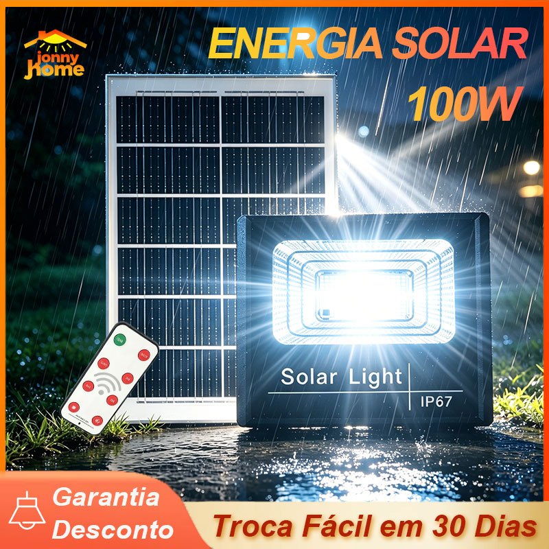 Refletor LED Solar 100w Holofote IP67 A Prova D'água Com Painel Solar e ...