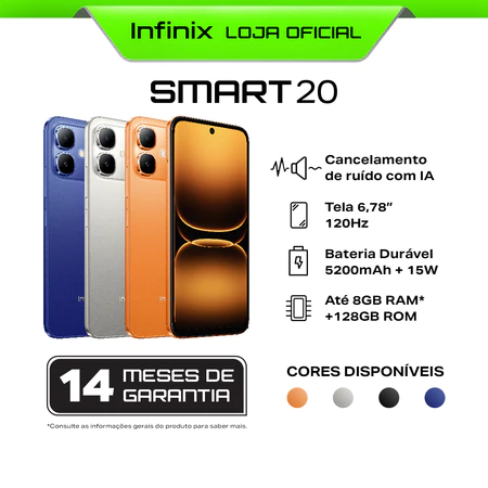Smartphone Infinix Smart 20 128GB 4 4GB RAM IA Cancelamento de Ruído Tela 6 78 120Hz Bateria 5200mAh IP64