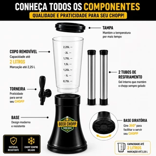 Torre de Chopp chopeira BEER 2L com base Slim Giratoria + 2 refil de resfriamento