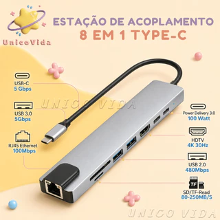 Estação de Acoplamento USB-C 8 em 1 Hub Tipo C HDMI 4K RJ45 USB 3.0 SD TF | UnicoVida