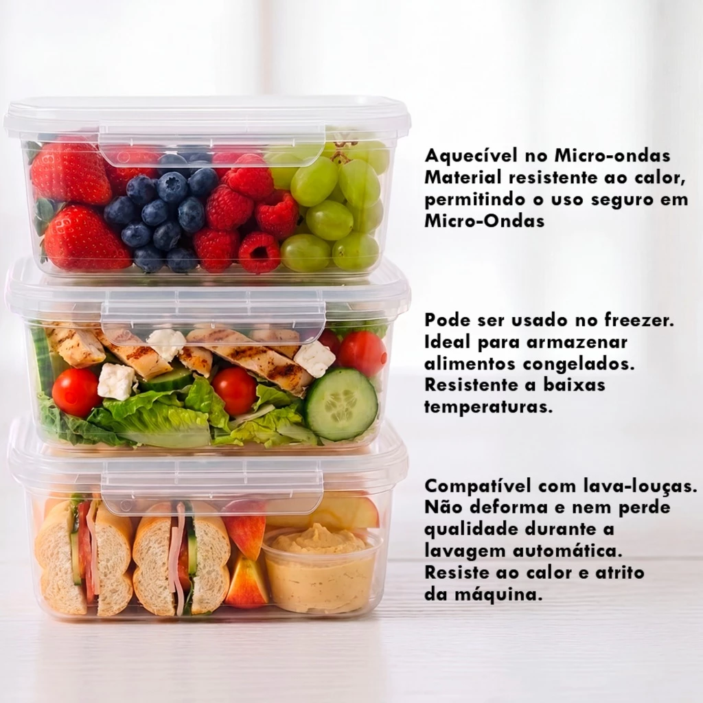 Kit 10 Marmitas Potes 750ml Travas Laterais hermeticas - Livres de BPA Alimentos organiza congelador - KAZIVA