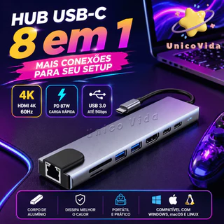 🚀 Hub USB C 8 em 1 com HDMI 4K PD 87W USB 3.0 Adaptador Multiporta para Notebook | UnicoVida