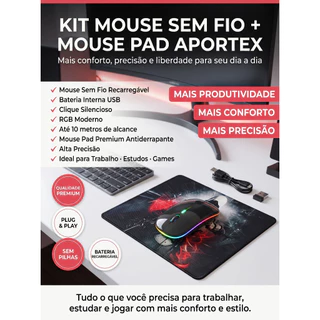 Kit Mouse Sem Fio Recarregável Aportex RGB + Mouse Pad Estampado Premium para PC Notebook Gamer