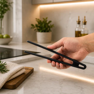 Pegador de Silicone Pinça Multiuso Preto Oikos 22cm Churrasco Cozinha Salada Carne Kit Calor Grande Resistente Universal