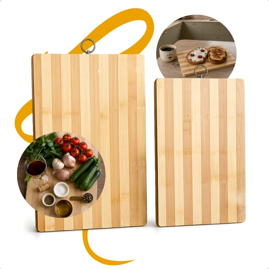 Kit Tábuas de Corte Bambu ou individual com Argola 20x30 e 24x34 cm para Carne Churrasco Cozinha