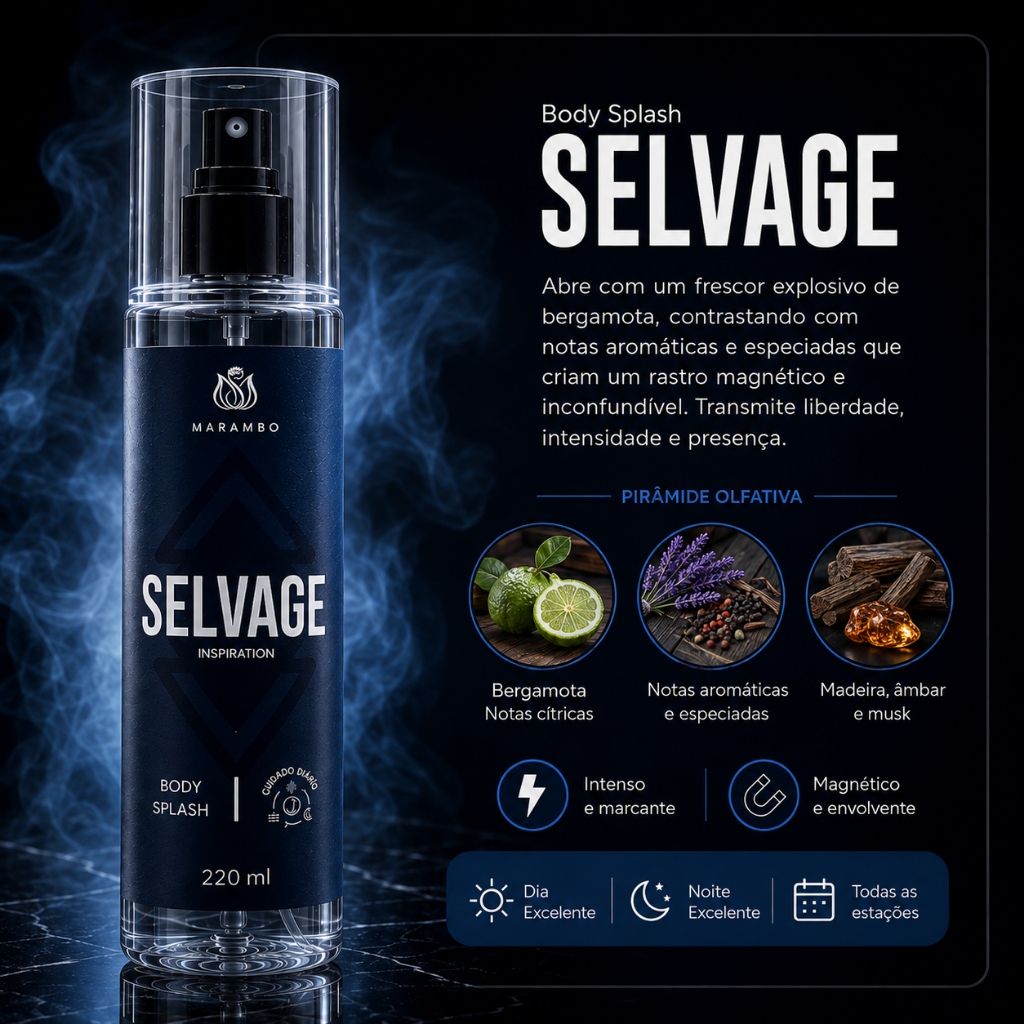 Imagem do produto Body Splash Masculino 220ml Marambo Selvage Perfume Corporal Amadeirado Fresco Longa Sensação de Frescor 3