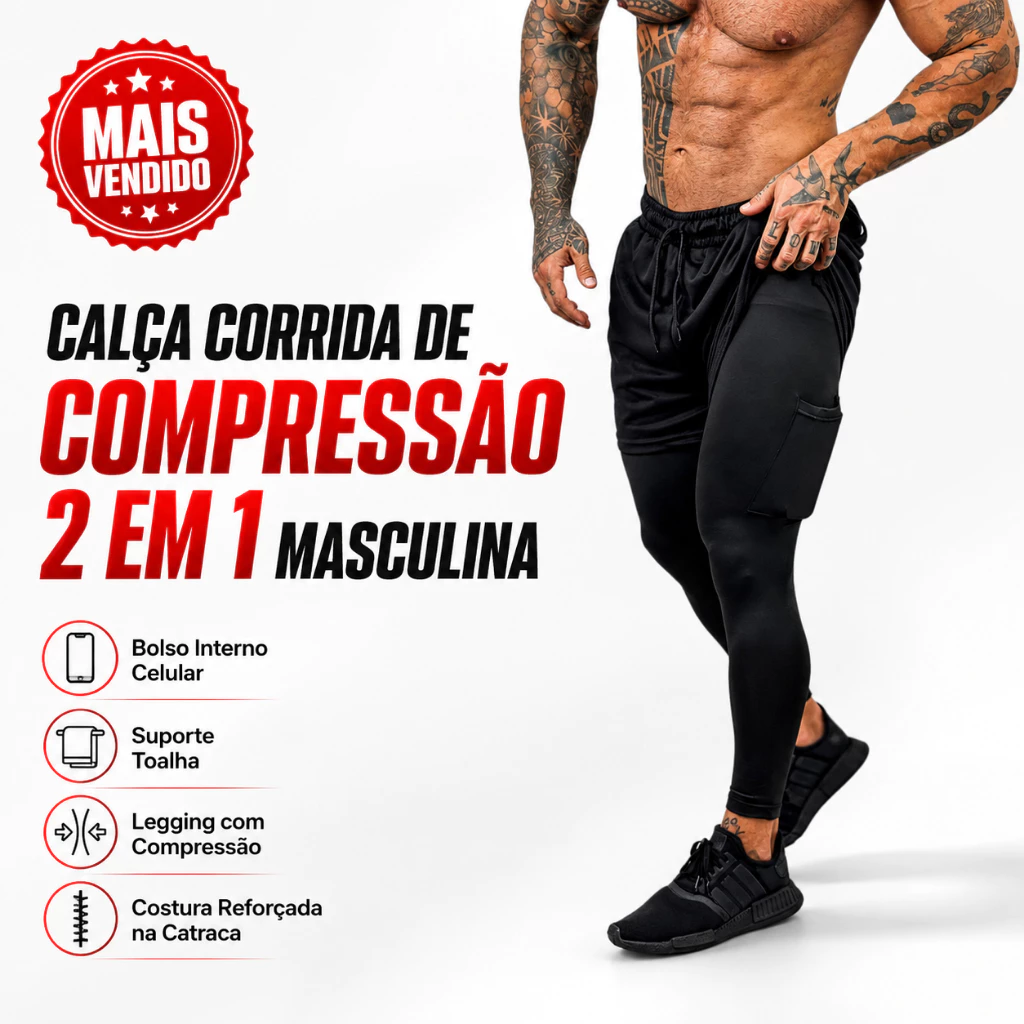 Calça Legging Masculina 2 em 1 com Shorts de Compressão