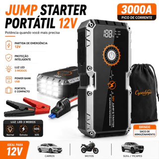 Auxiliar de Partida Portátil Veicular 12V - Jump Starter com Lanterna LED, Carregador USB e Pinça Inteligente