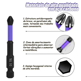 Kit Bits PH2 Antiderrapante 6 Tamanhos Pontas Parafusadeira Aço Carbono 1/4" Hex