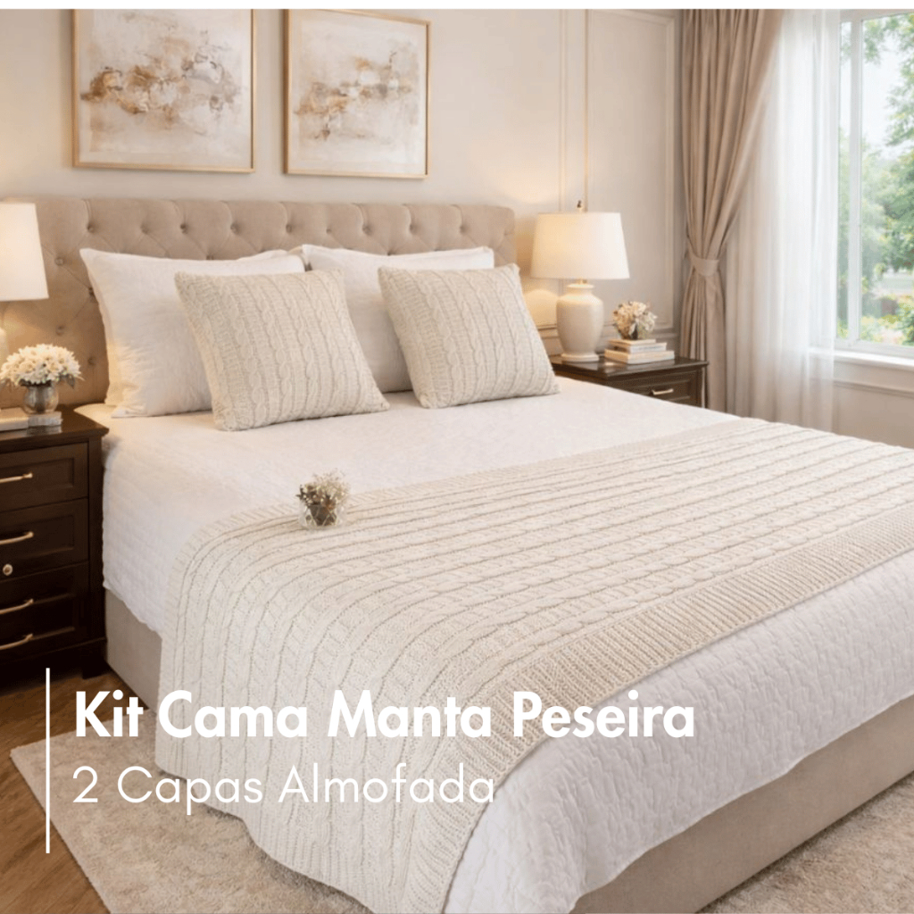 Kit Cama Manta Peseira de Tricot Californian Style Luxo 3D + 2 Capas de Almofada Para Cama e Sofá –