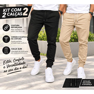 Kit com 2 Calças Jogger Masculina Slim Fit Sarja Jeans P ao GG