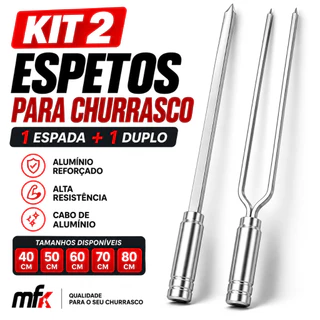 Kit 2 Espetos Churrasco Alumínio Reforçado Espada Duplo 40 50 60 70 80cm Cabo Alumínio Churrasqueira