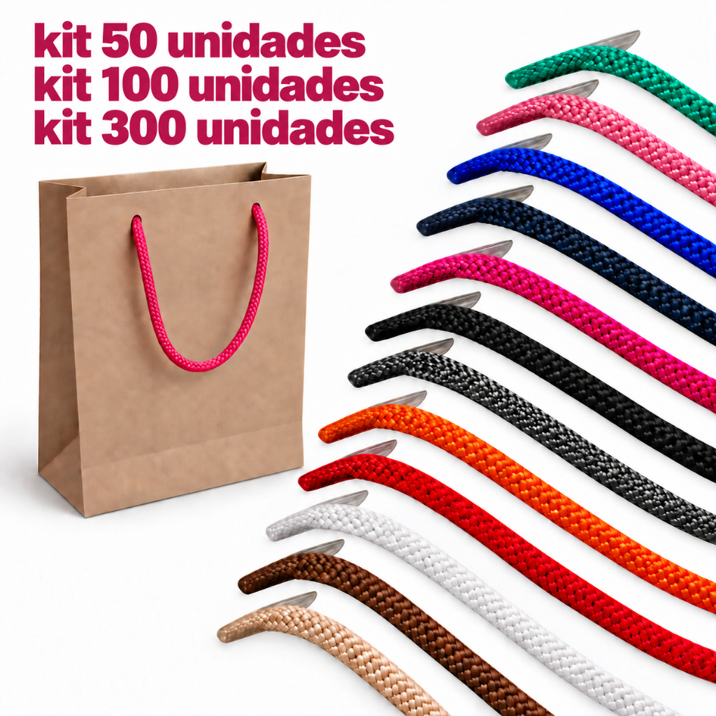 Cordão Alça Sacola 6/1 35cm Com Ponteira Poliéster Kit 50 100 200 e 300 ...