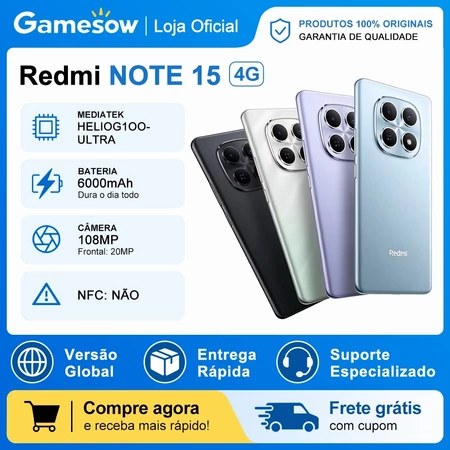 Xiaomi Redmi Note 15 4G Processador Mediatek Hélio G100 Ultra Bateria 6000mAh 128 6GB RAM  256 8GB RAM