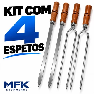 Kit 4 Espetos Alumínio Para Churrasco Espada e Duplo Cabo de Madeira 40 50 60 70 80 cm Para Churrasqueira MFK