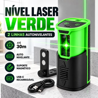 Nível Laser Verde 2 Linhas Autonivelante 30m Recarregável USB-C Suporte Magnético Modelo Atualizado