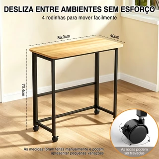 Escrivaninha Mesa Escritório Dobrável Com Rodinhas Portátil Multiuso de Madeira Para Notebook e Home Office