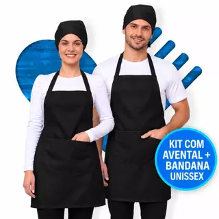 Kit Com Avental e Touca Bandana Unissex Churrasqueiro Cozinha Restaurante Garçom