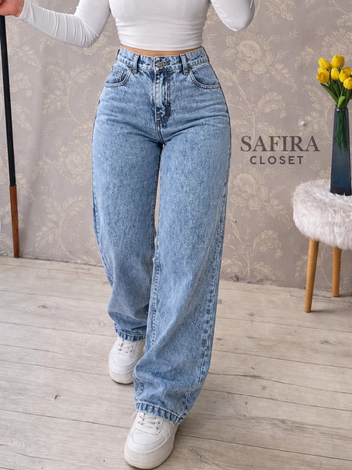 Calça Wide Leg Jeans Feminina Marmorizada Cintura Alta 100% Algodão Premium