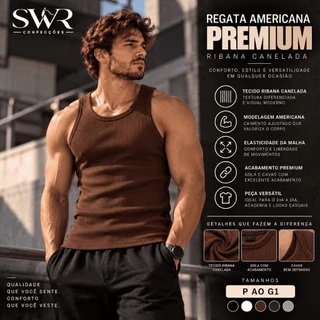 Regata Masculina Americana Ribana Canelada Premium Ajustada Lisa Camiseta Academia Casual