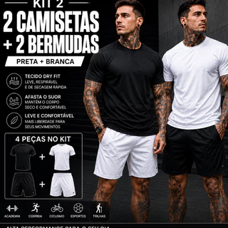 Kit 2 Camiseta + 2 Bermuda Masculina fit / Shorts Masculina Academia - Conjunto Lançamento 2024
