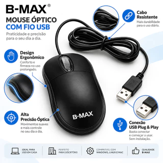 Mouse Usb Com Fio Para Notebook's/Computadores - Com Base Ergonómica 1200 DPI