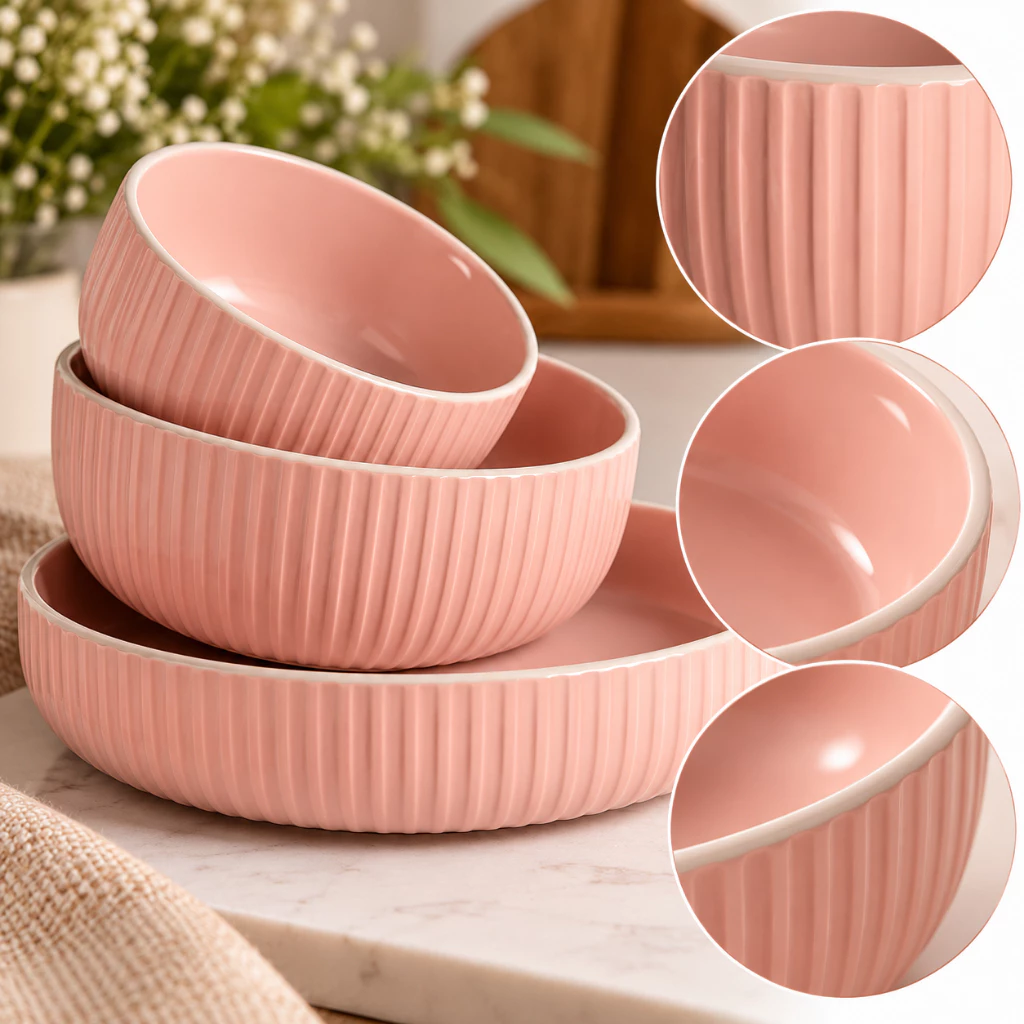 Kit 3 Bowls de Cerâmica Rosa, Orgânico, Canelado, Elegante