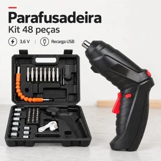 Parafusadeira Elétrica Sem Fio com Kit de 48 Peças, Cabo Articulado, USB e Maleta