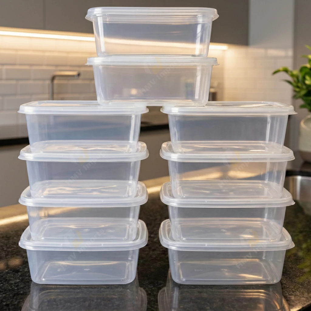Pilha de dez potes plásticos transparentes com tampa organizados em duas colunas sobre uma bancada de cozinha.