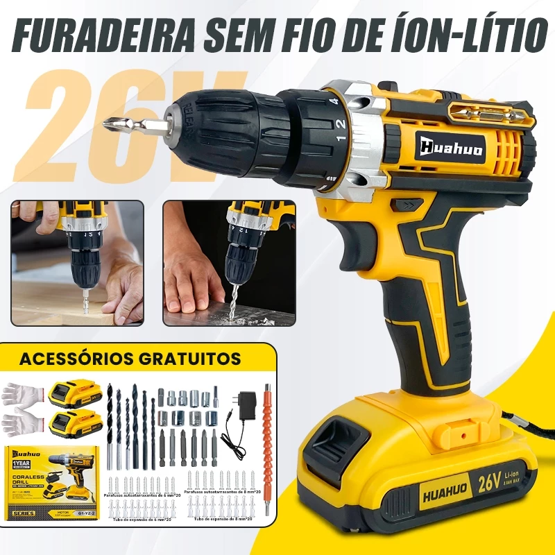 110V 220V Furadeira Parafusadeira 26V 18V 12V Baterias Sem Fio Impacto Com Maleta Completo Broca Bits Caixa de papelão~