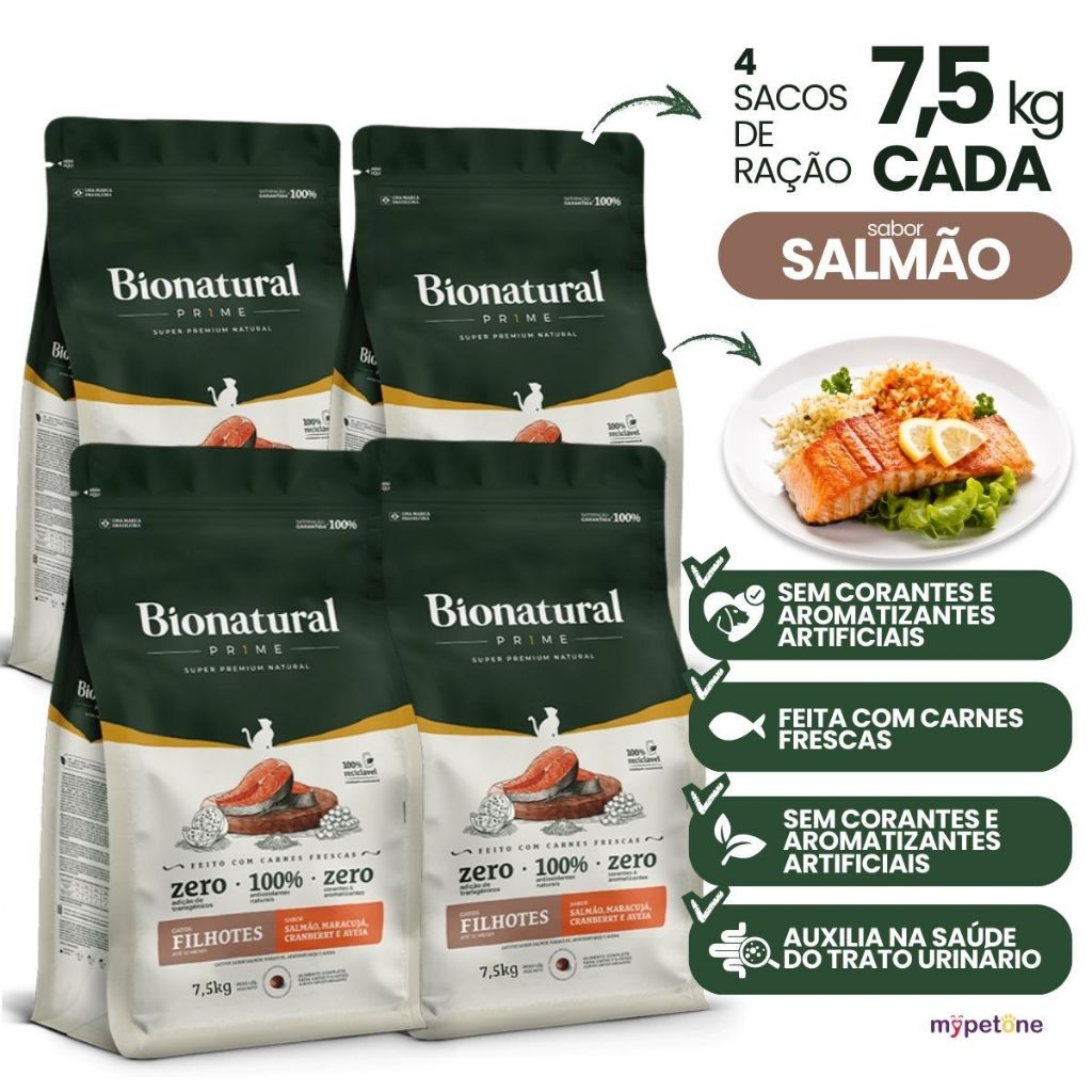 Kit 4 Ração Bionatural Prime para Gatos Filhotes Sabor Salmão 7,5kg ...