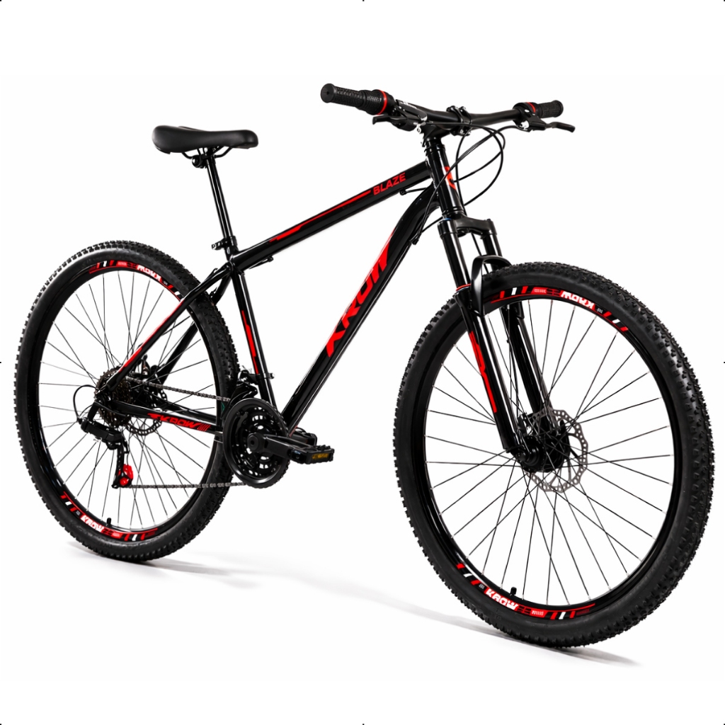 Bicicleta Aro 29 Aço Carbono Freios a Disco Suspensão 21 Marchas Krow Bikes Preto e Vermelho em Oferta na Shopee